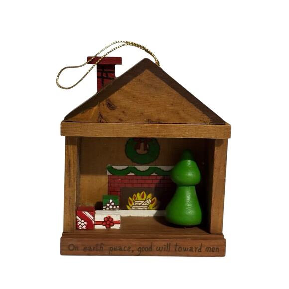 Vintage Wooden Shadow Box House Christmas Ornament Made In Taiwan 1987 Decor - Picture 1 of 11